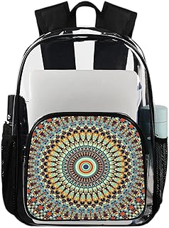 Mochila abstrata de mandala transparente para serviço pesado, mochila transparente impermeável de flor de mandala colorida mochila transparente de PVC com alça de ombro reforçada para escola, trabalho, viagens, Multicor
