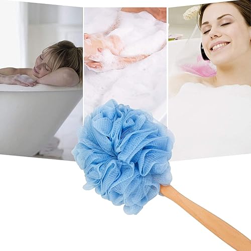 Miniatura 3 de Esponja de baño de mango largo de madera para ducha, esponja de baño de mango largo, cepillo de ducha Lufa de malla de nailon suave, limpiador de