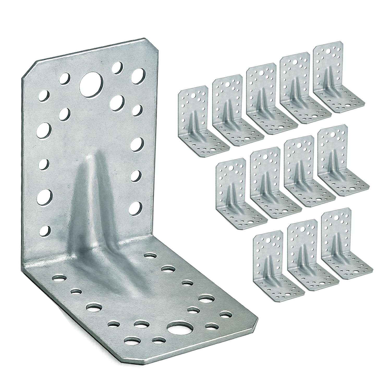 12 x Angle Brackets (90 x 90 x 65 x 2.5) Heavy Duty Corner Sleeper Bracket with Beading Timber Wood Metal Joining Fixing L Galvanised Steel Sheet Connector