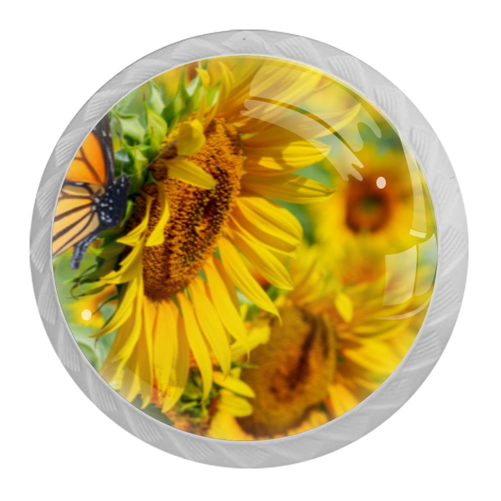 Tqmspg 4 Pieces Drawer Pulls Sunflowers and Butterfly Door Knobs Dresser Handles for Kitchen Wardrobe Cupboard Hardware Furniture