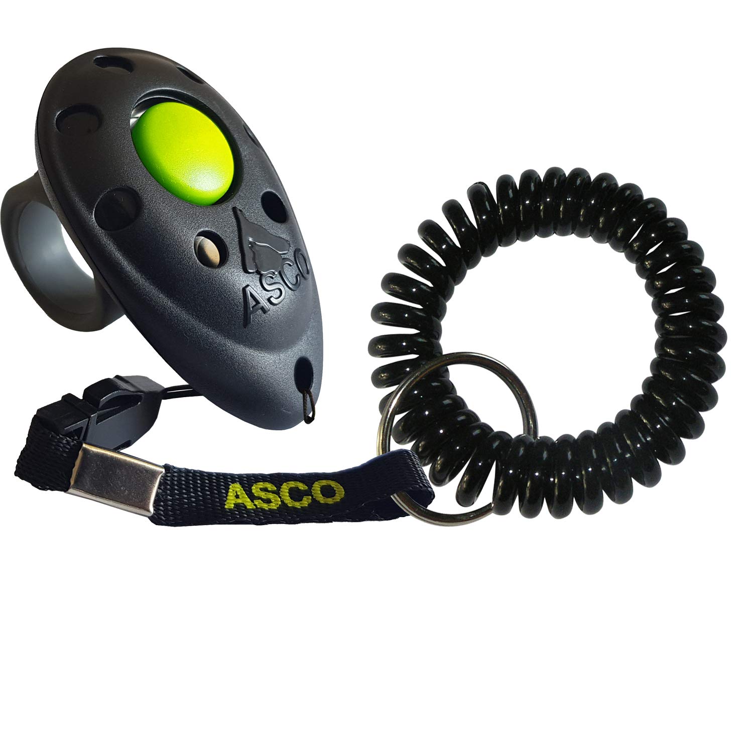 ASCO Clicker da Dito Premium con Bracciale a Spirale per clicker Training, clicker Professionale per Cani, Gatti e Cavalli, clicker per addestramento Cani, Nero AC01FS