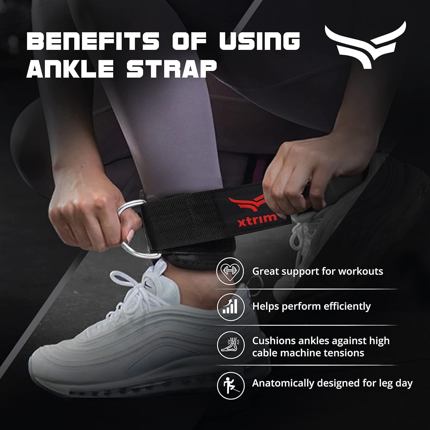 XTRIM Unisex Ankle Straps with Metal D-Rings for Cable Machine, Red 3