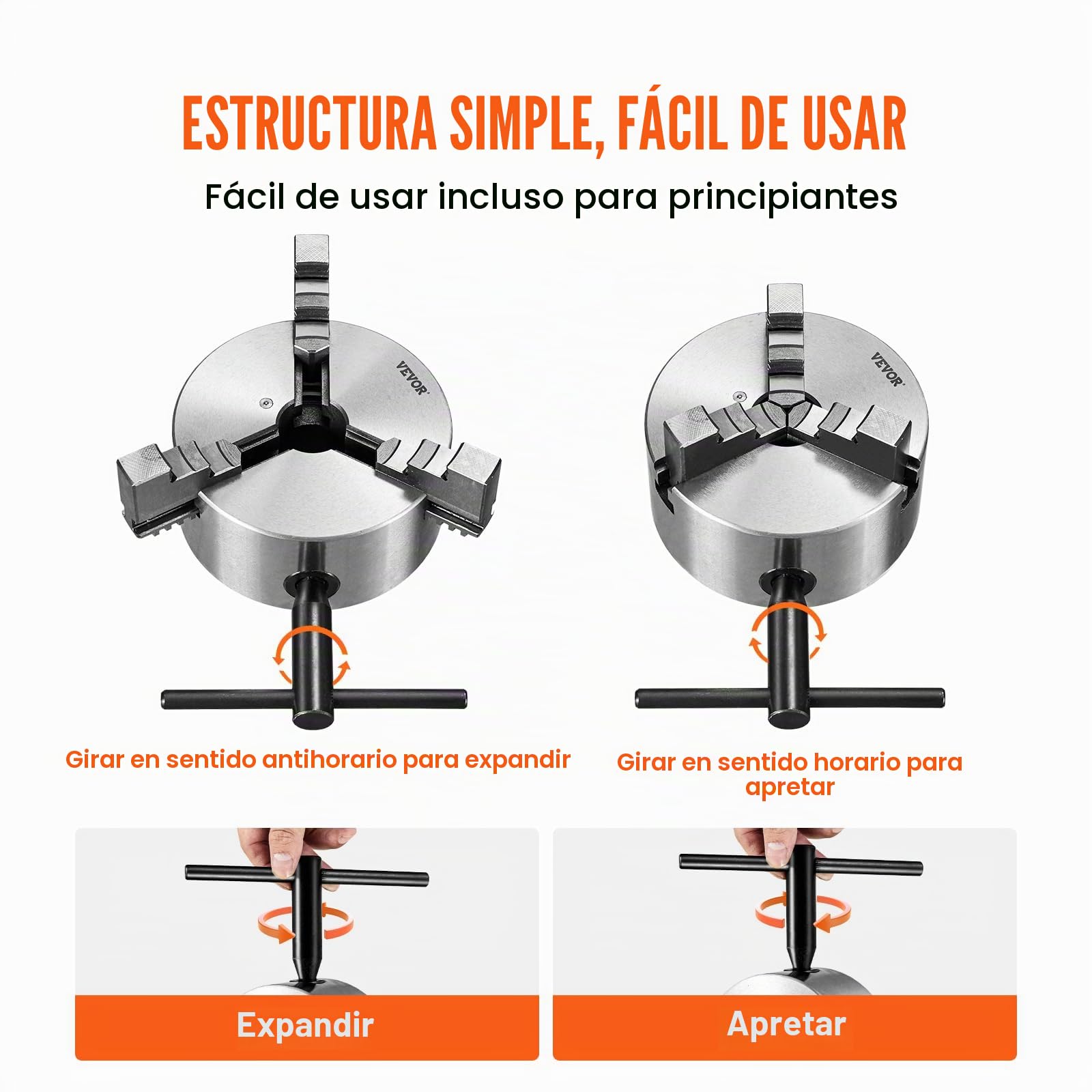 VEVOR Portabrocas de Torno Autocentrante 3 Mordazas de 6" Mandril de Torno Rango de Sujeción 0,14"-6,3" Mandril de 3 Mordazas Llave en T Autocentrante Mandíbula Reversible para Fresadoras Taladros