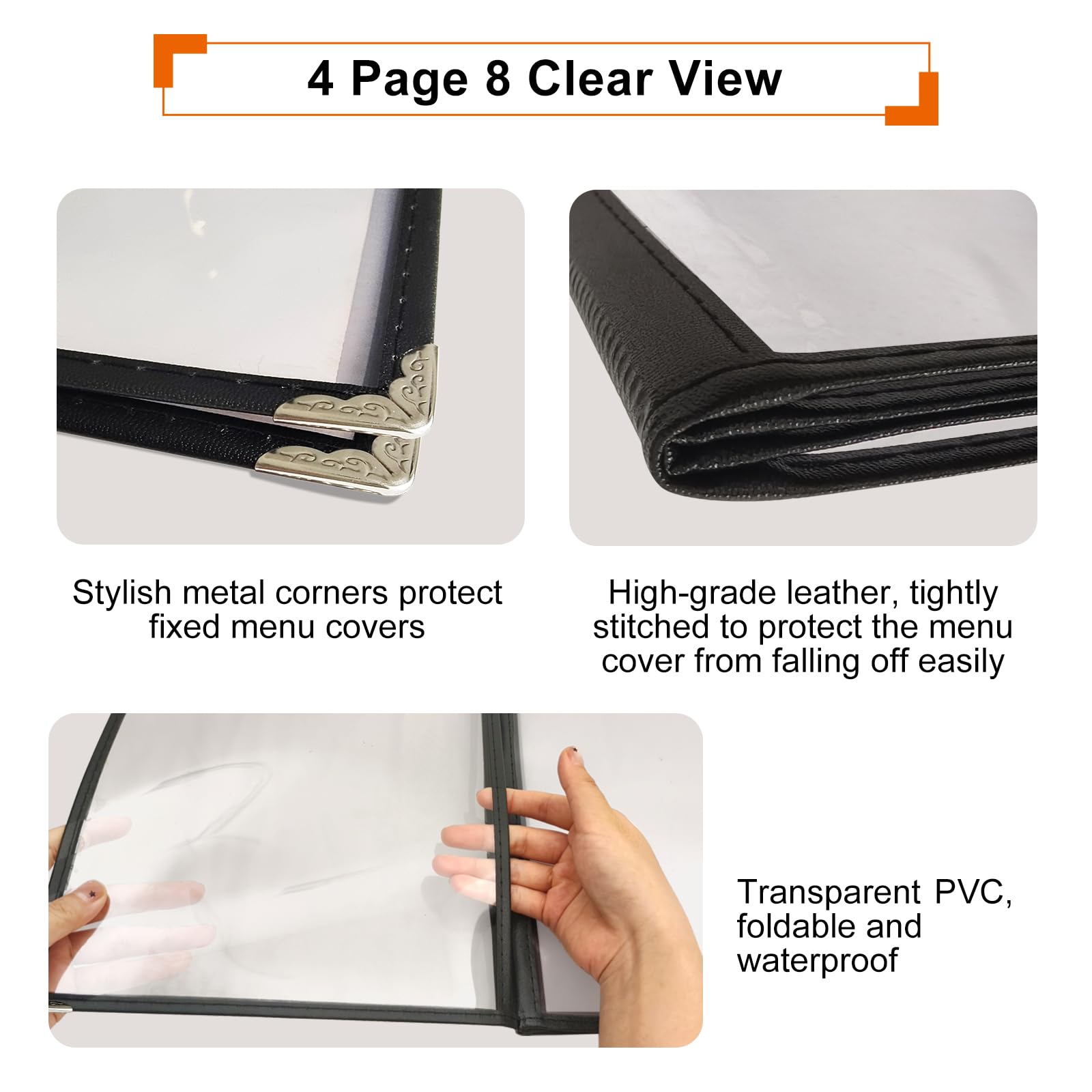 Paquete de 4 cubiertas de menú A4, 4 páginas, 8 vistas, cubierta transparente para menú de restaurante para papel de tamaño A4 estándar, soportes de menú transparentes plegables negros con protectores