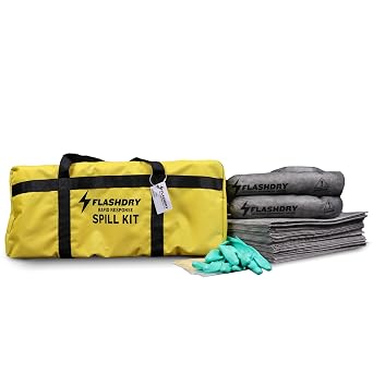 FlashDry Portable Universal Spill Kit - Vehicle, Industrial, and Emergency Safety Spill Kits -Yellow Duffle, Bag Tag, 15 Spill Absorbent Pads, 2 3" x4 Sorbent Socks, Disposal Bags, Nitrile Gloves