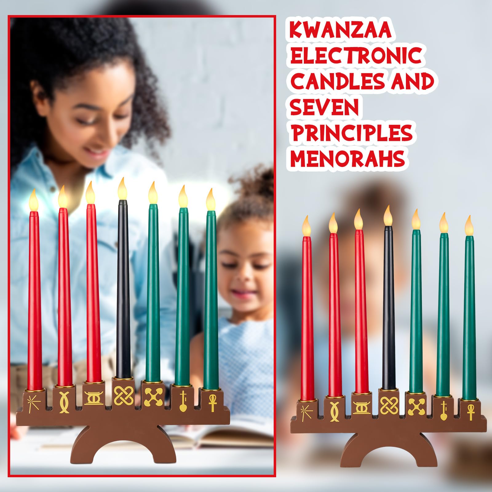 8 Pieces Kwanzaa Kinara Flameless Candles Set Wood Kwanzaa Candle