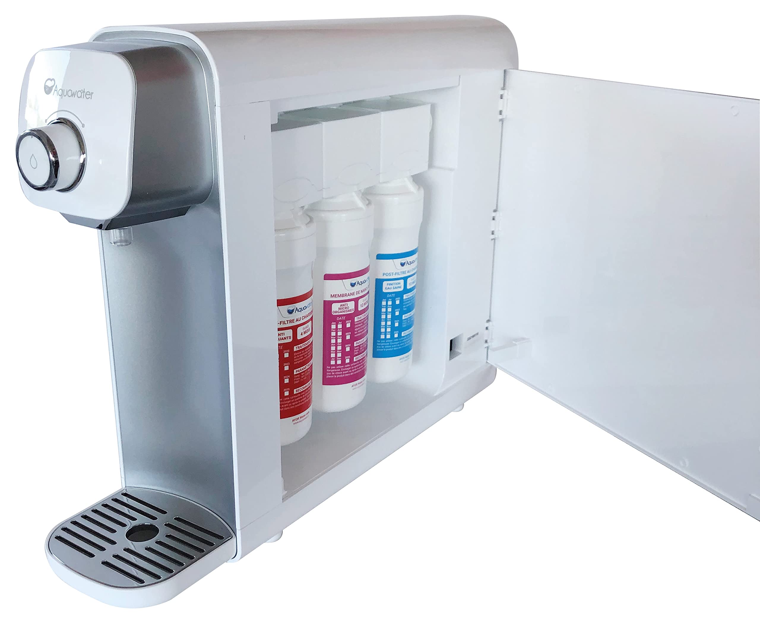 AQUAWATER, 106600, Fontaine à eau filtrante avec nano filtration 0001 micron, élimine 98% des impuretés, design compact pour petits espaces, kit de recharge inclus, eau purifiée à volonté