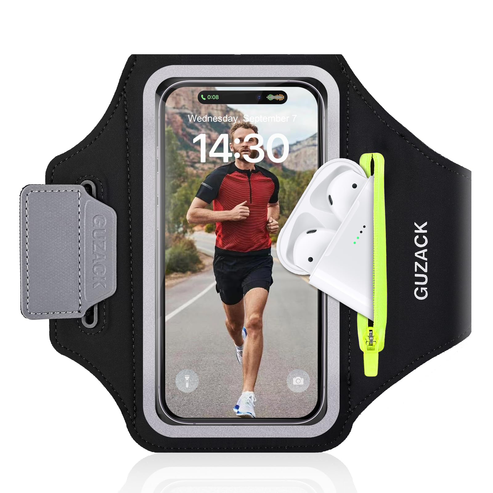 PEDVSTY Running Armband with Earphone Pouch & Card Slot, Up to 6.8" Phones | Green Zipper Pockets, Anti-Drop Buckle, Running Phone Holder for iPhone