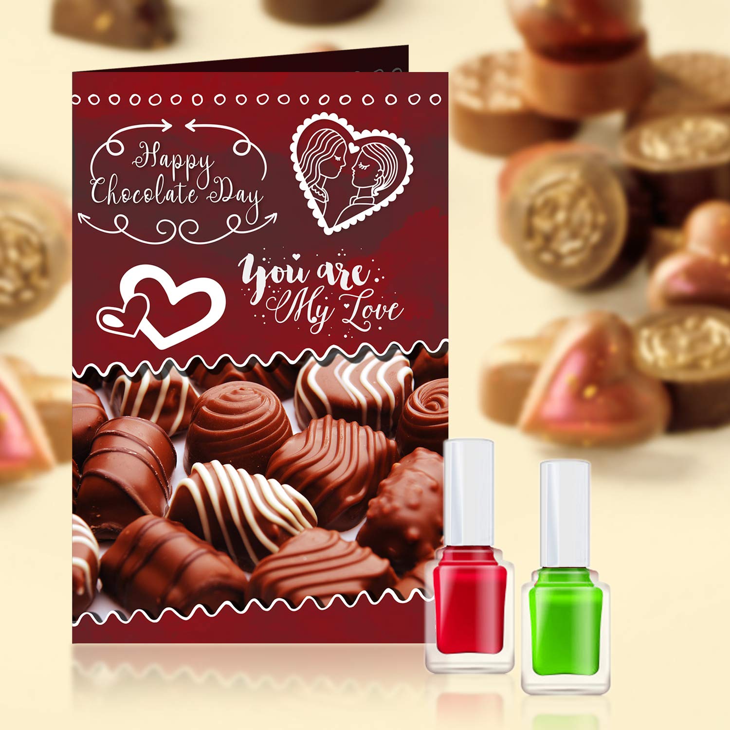 GIFT MY PASSION Happy Chocolate Day You are My Love Greeting Card with 2 Nail Polish for Women Long Lasting Nail Paint Multicolor Combo