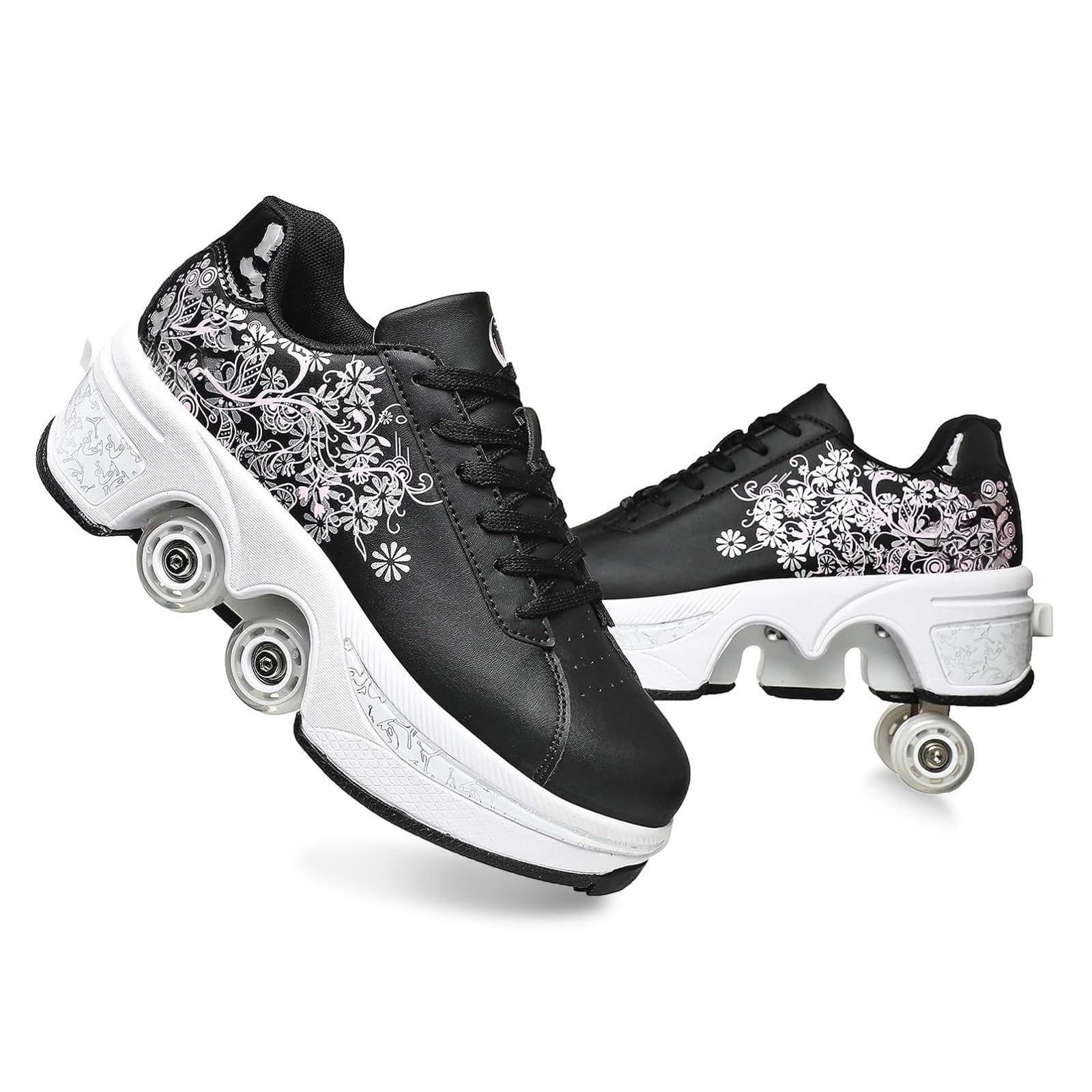 2-in-1 Roller Skates Double-Row Deform Wheel Roller Skating Automatic Walking Shoes Fitness Kick Roller (Hhua, 10 Women/9 Men)