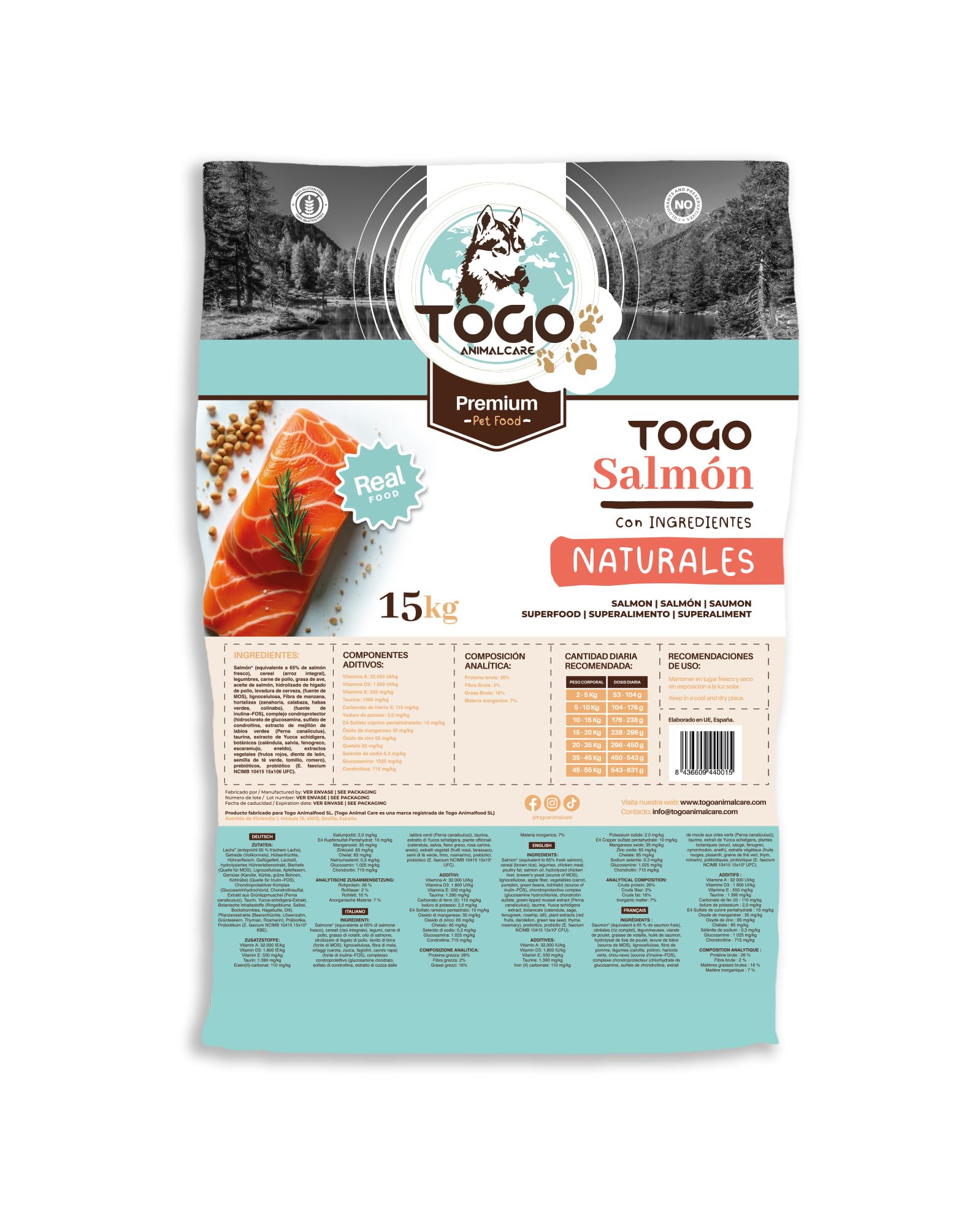 Pienso Premium Togo para Perros Jovenes y Adultos con Salmón Fresco 65% – Sin Gluten, Omega 3 y 6