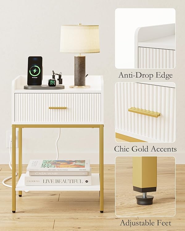 Apetaccat Nightstand with Charging Station, 3-Tier Bed Side Table, Small End Table, Night Stand with Open Shelf and Drawer, Bedside Table for Bedroom, Living Room, White by Apetaccat - Used condition - Image 6