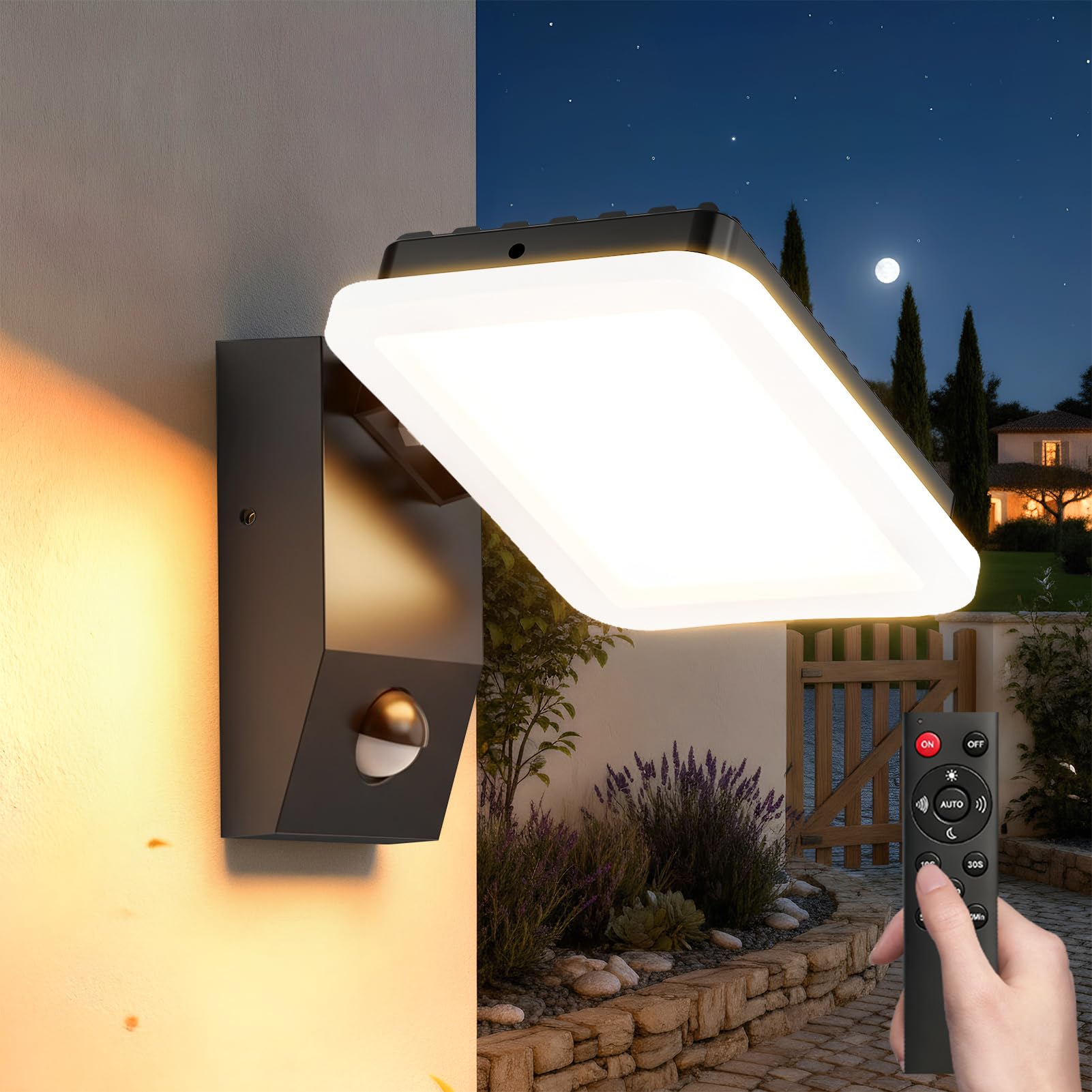 Applique da esterno con sensore di movimento,32W IP65, lampada da parete per interni/esterni con pannello LED orientabile,con telecomando,bianco caldo 3000K,per garage, giardino, cortile