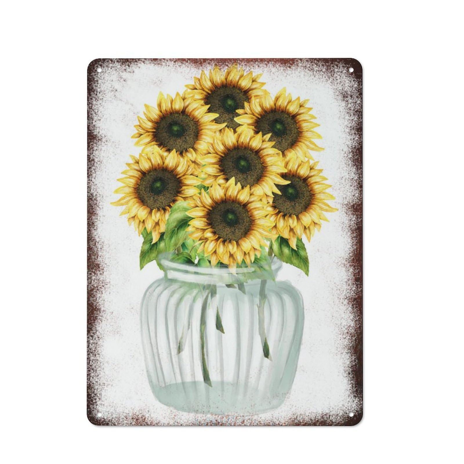 peiyeety Metal Tin Sign Sunflowers In Clear Glass Vase Pattern Vintage Rustic Wall Art Kitchen Bathroom Bedroom Living Room Cafe Farmhouse Entryway Office Garage Home Bar Laundry Room Porch 8x12 Inch