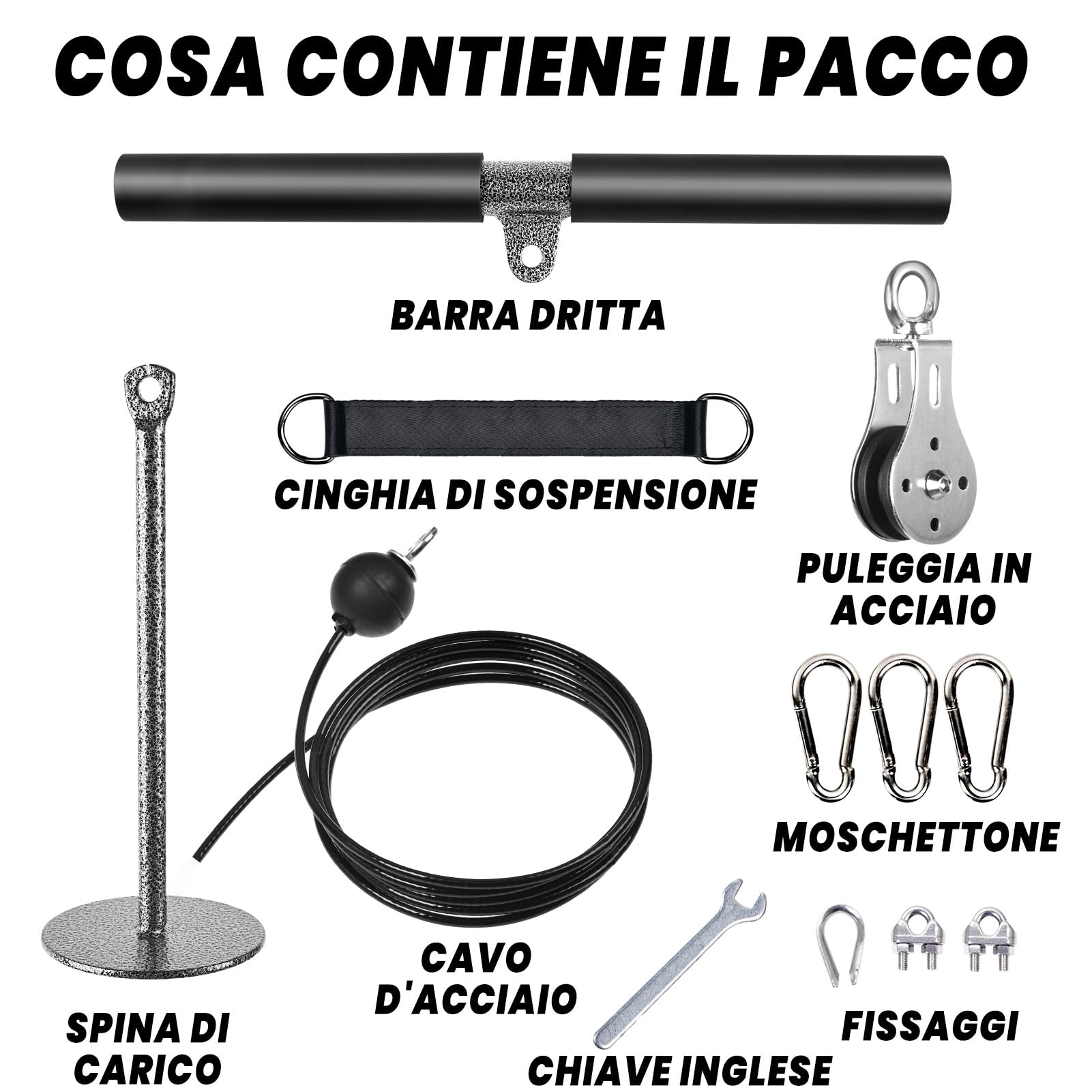 Puleggia Palestra Casa con Barra Dritta, Fitness Cavi Carrucola Palestra LAT Machine per Pull Down, Accessori Casa Attrezzi per Tricipiti Bicipiti Curl Allenamento