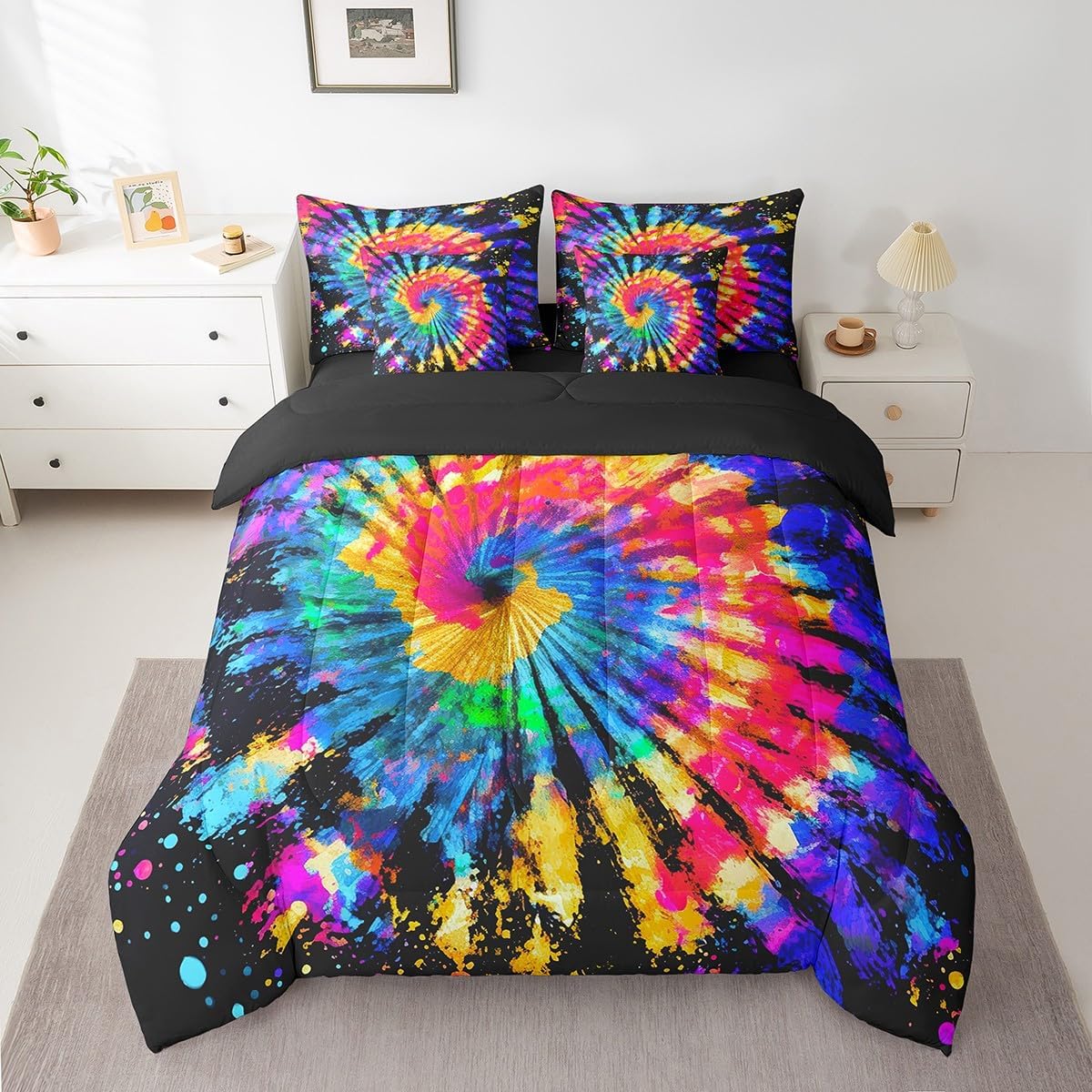 Feelyou Tie Dye Comforter Set Twin Size 7 Pieces Boho Multicolor Swirl Tie Dye Bed in a Bag for Kids Teens Women Bohemian Gypsy Hippie Bedding Set Vibrant Bed Set with Sheets Bed Set with Sheets Boys