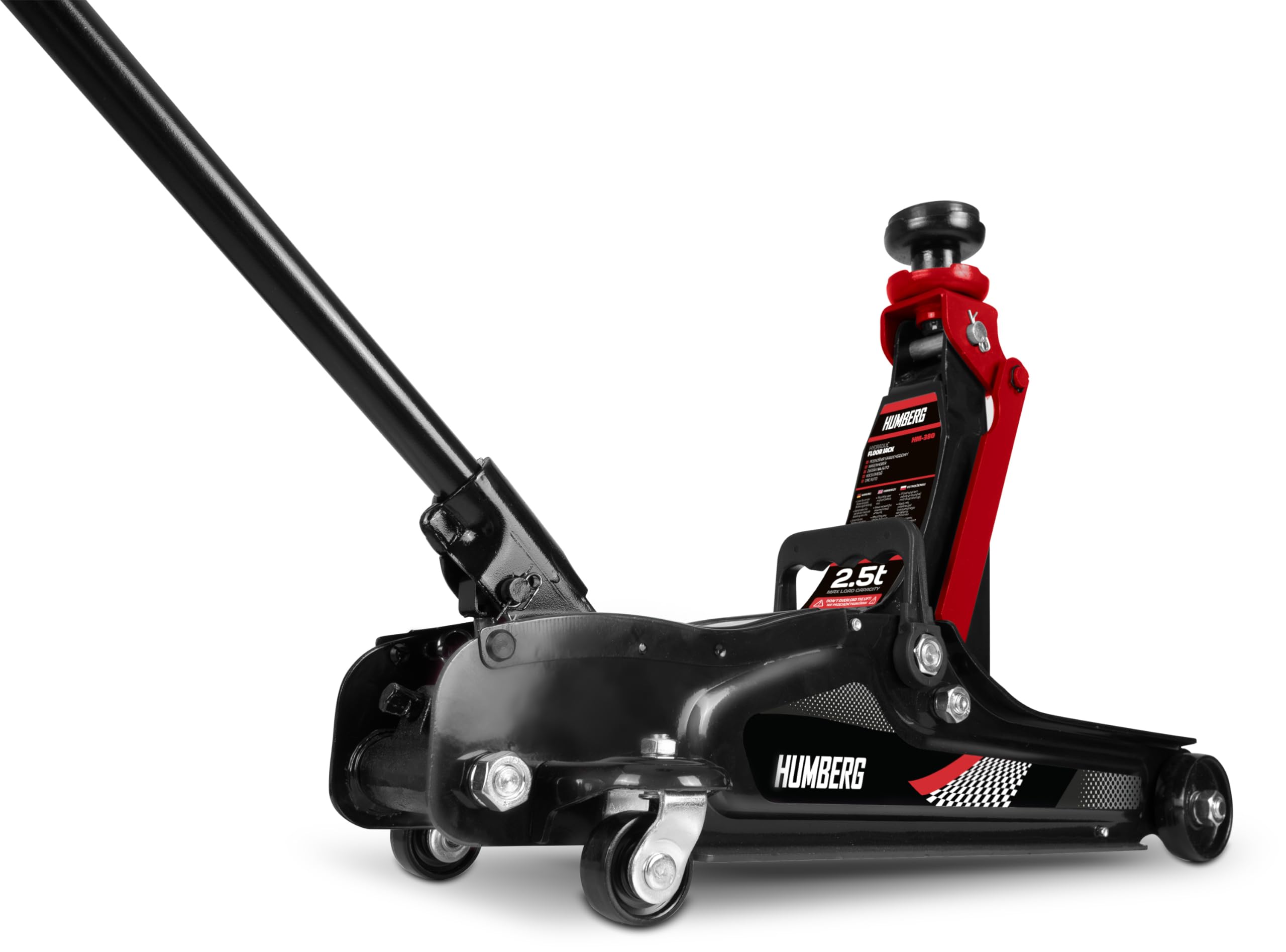 Humberg Cric idraulico per auto, a basso profilo, 2,5T, 80-360 mm, 2 cuscinetti in gomma, colore nero, rosso