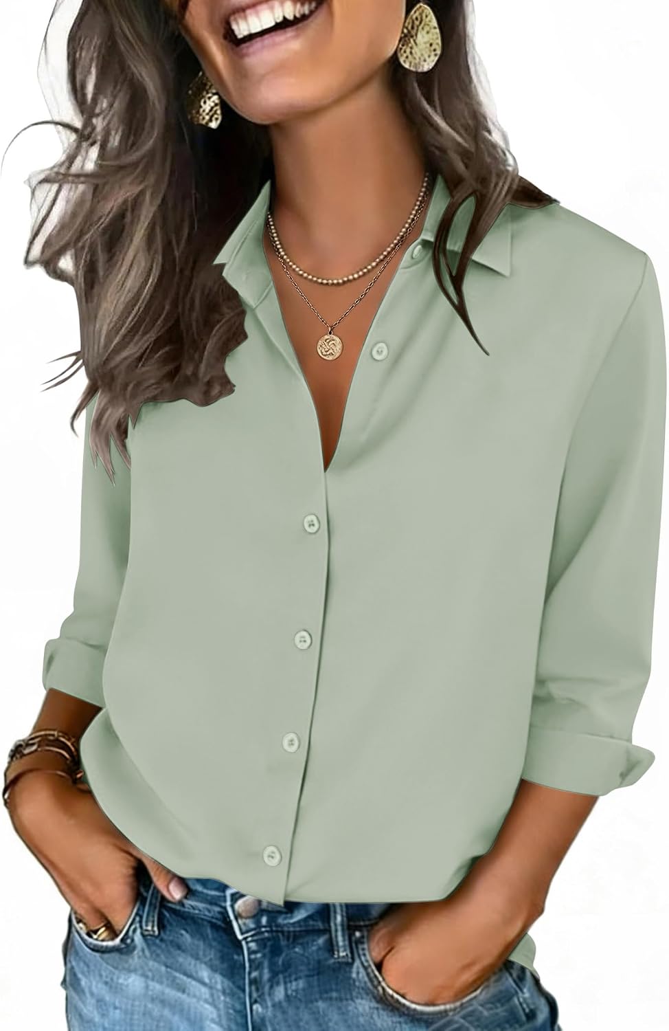 Zeagoo Button Down Shirts for Women 3/4 Sleeve Tops V Neck Collared Blouses Business Casual Outfits
