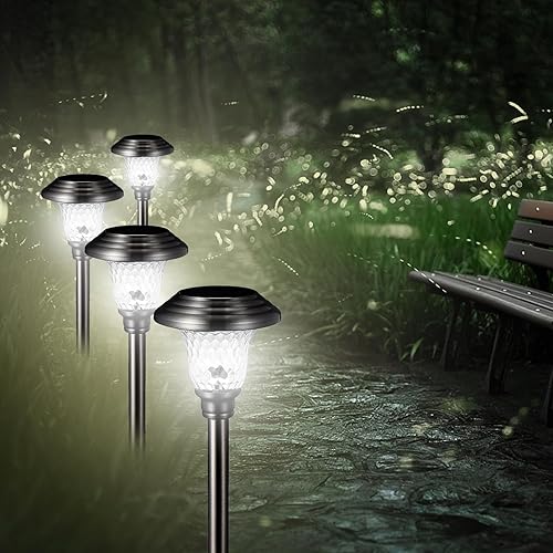LUKCOZMO Paquete de 4 luces solares brillantes para camino de jardín, luces solares LED de alta calidad para exteriores, luces solares impermeables