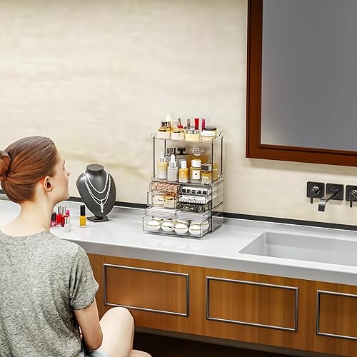 Miniatura 2 de Paquete de 3 organizadores de baño y encimera de almacenamiento con 7 cajones, organizador apilable, organizador de cuidado de la piel de gran