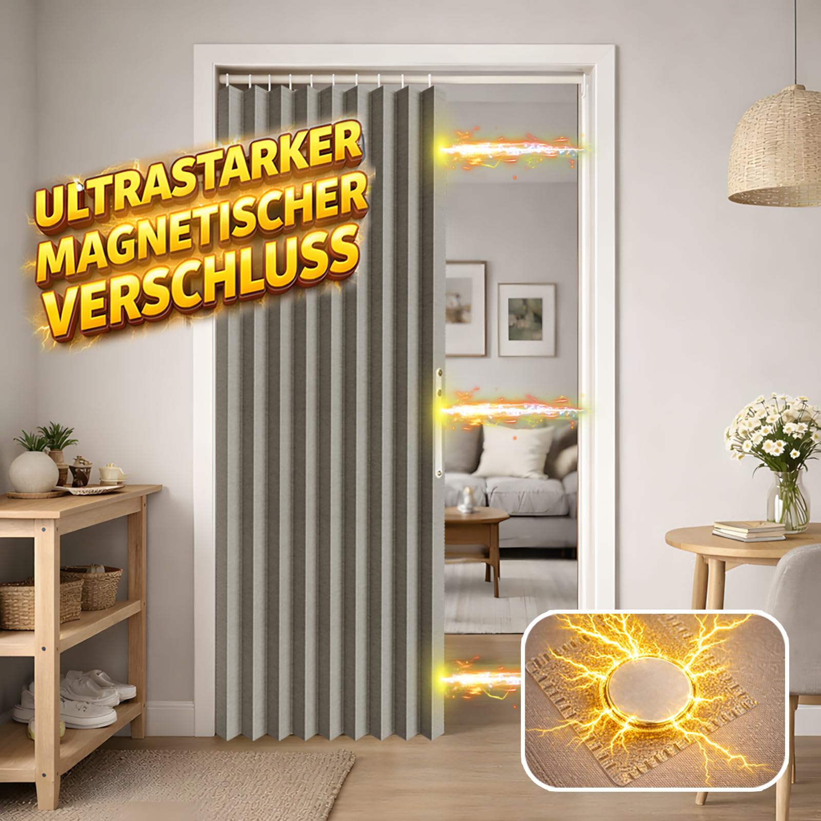 Magnetischer Türvorhang Blickdicht, ohne Bohren – Mit Teleskopstange, Faltenbalg-Design für Schlafzimmer & Flur (Grau, 198 x 106 cm, 1er Pack)