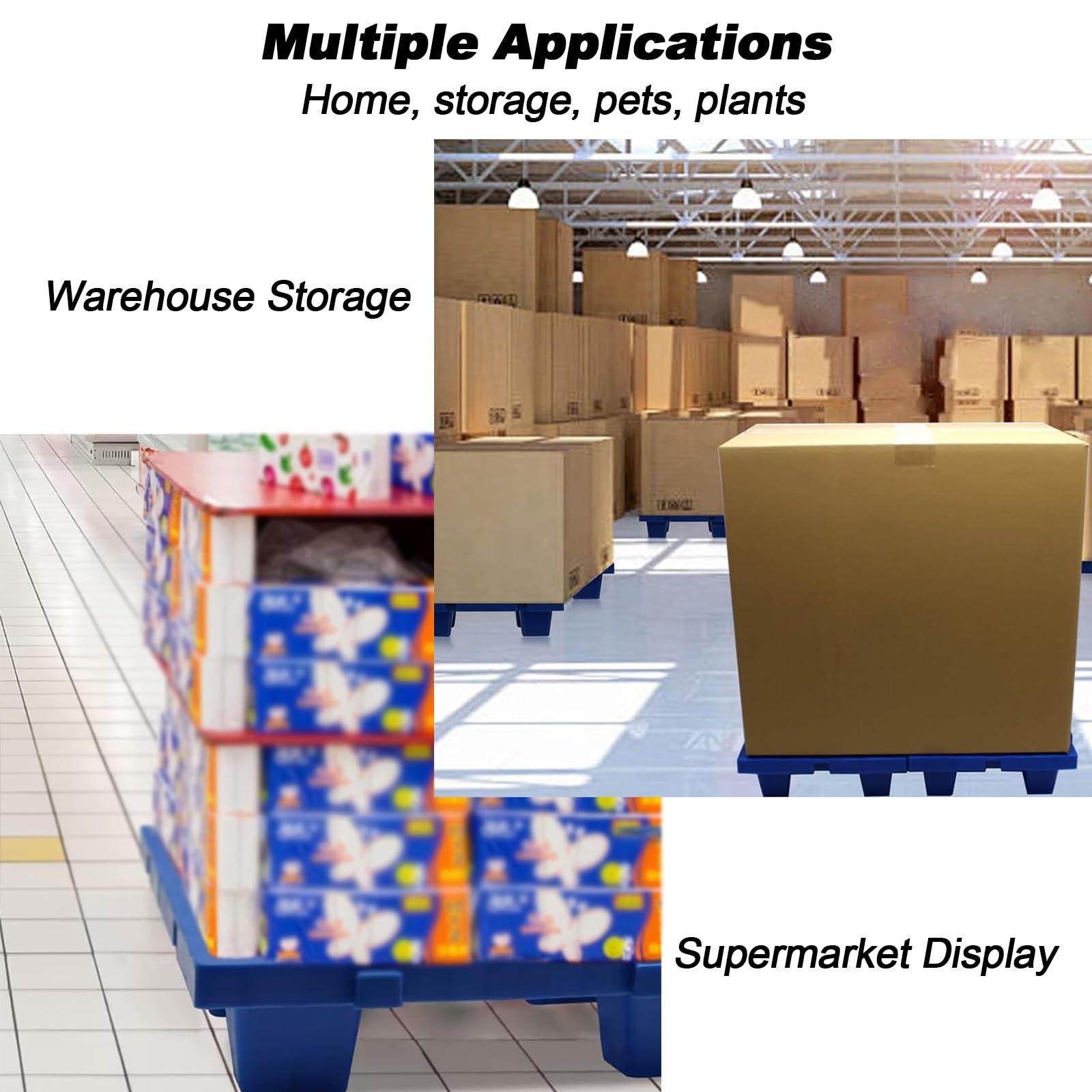 Pallet in plastica HDPE, traspirante, resistente alle intemperie, capacità di carico statica, impilabile, per magazzini e cantine, 40 x 40 x 15 cm, blu