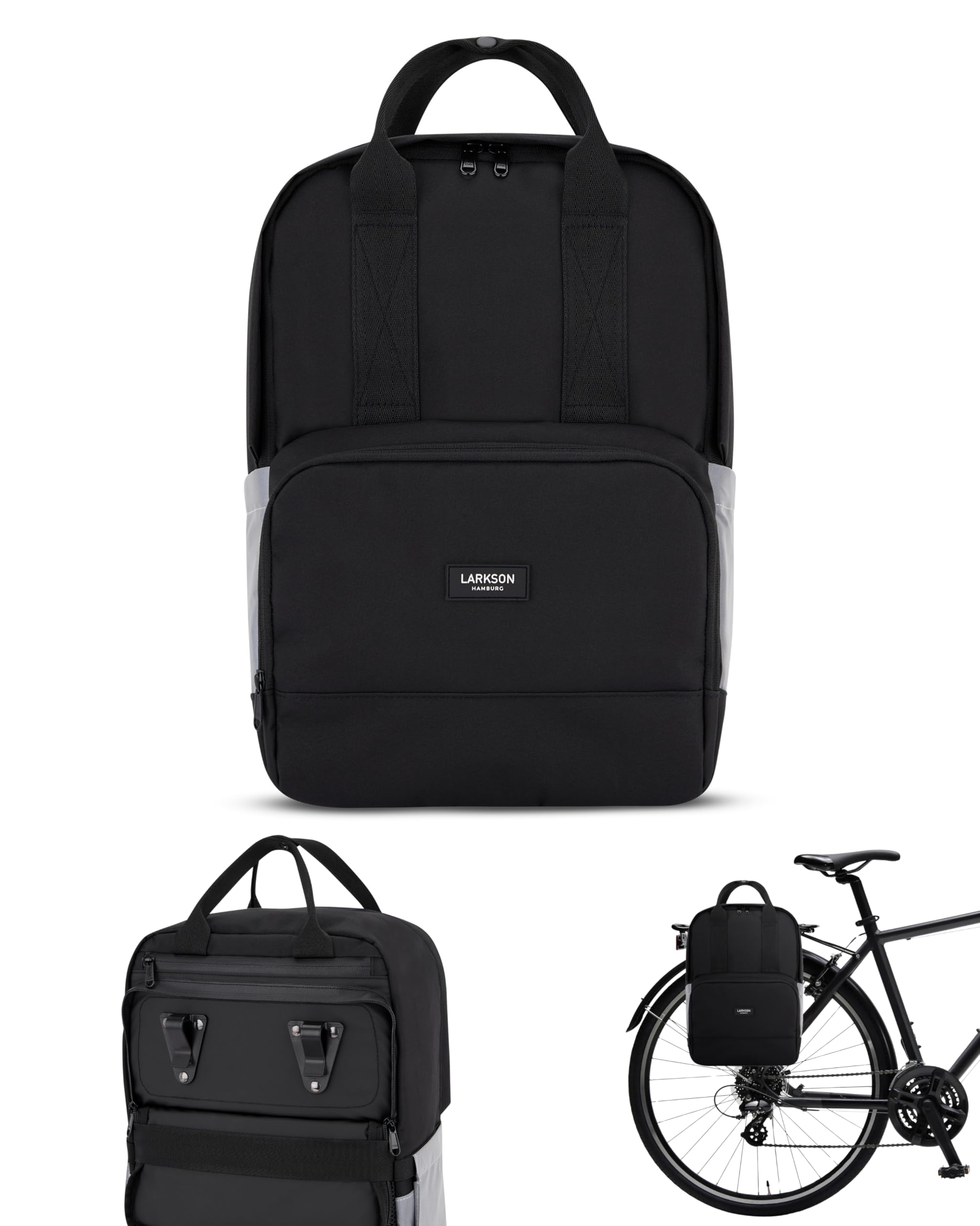 Larkson Unisex Blakc Reflective Bike Pannier Bag For Bicycles Black - No 6 Bike - 2 In 1 Cycling Backpack & Rear Rack Bag - Cycle Rucksack - Water-Repellent