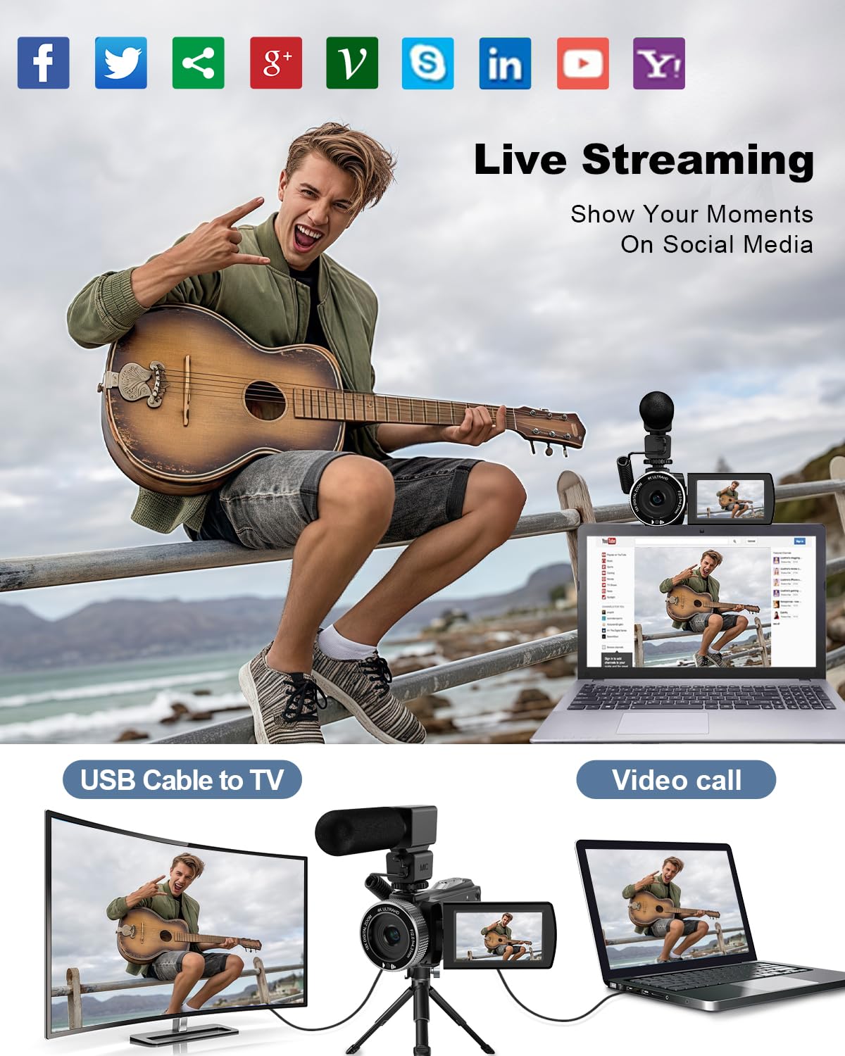 Videocamera con microfono HD 4K Videoregistratore Videocamera Vlogging per YouTube Videocamera per riprese con schermo touch da 3 pollici, zoom digitale 18X e scheda SD 32G