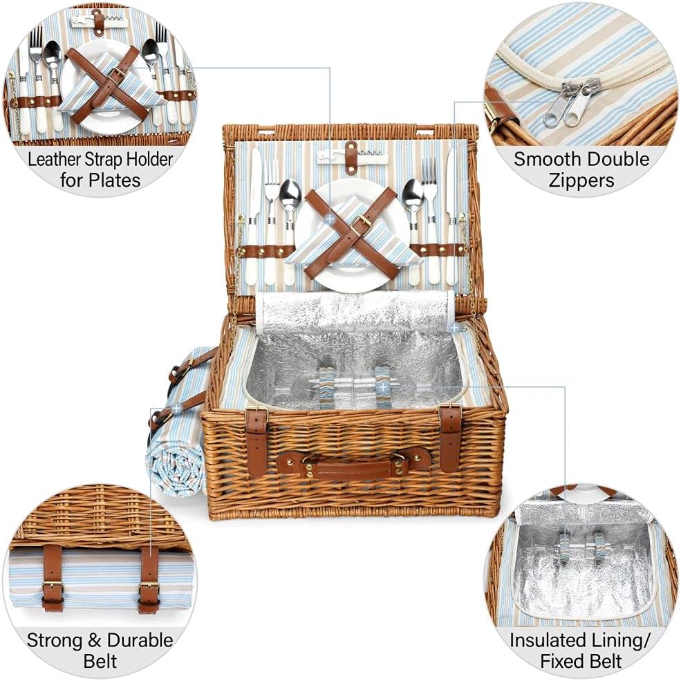 Picnic Basket Set for 2 Persons, Willow Hamper with Large Insulated Cooler Compartment, Waterproof Blanket and Cutlery Service Kit-Classical Brown