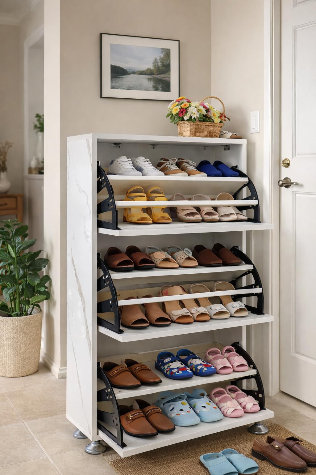 Shoe Rack Cabinet with Flip Drawers | 3 Tier Wooden Shoe Storage Organizer for Home | Space Saving Shoe Cabinet for Entryway, Bedroom, White (48x13x24 Inch)-image-33