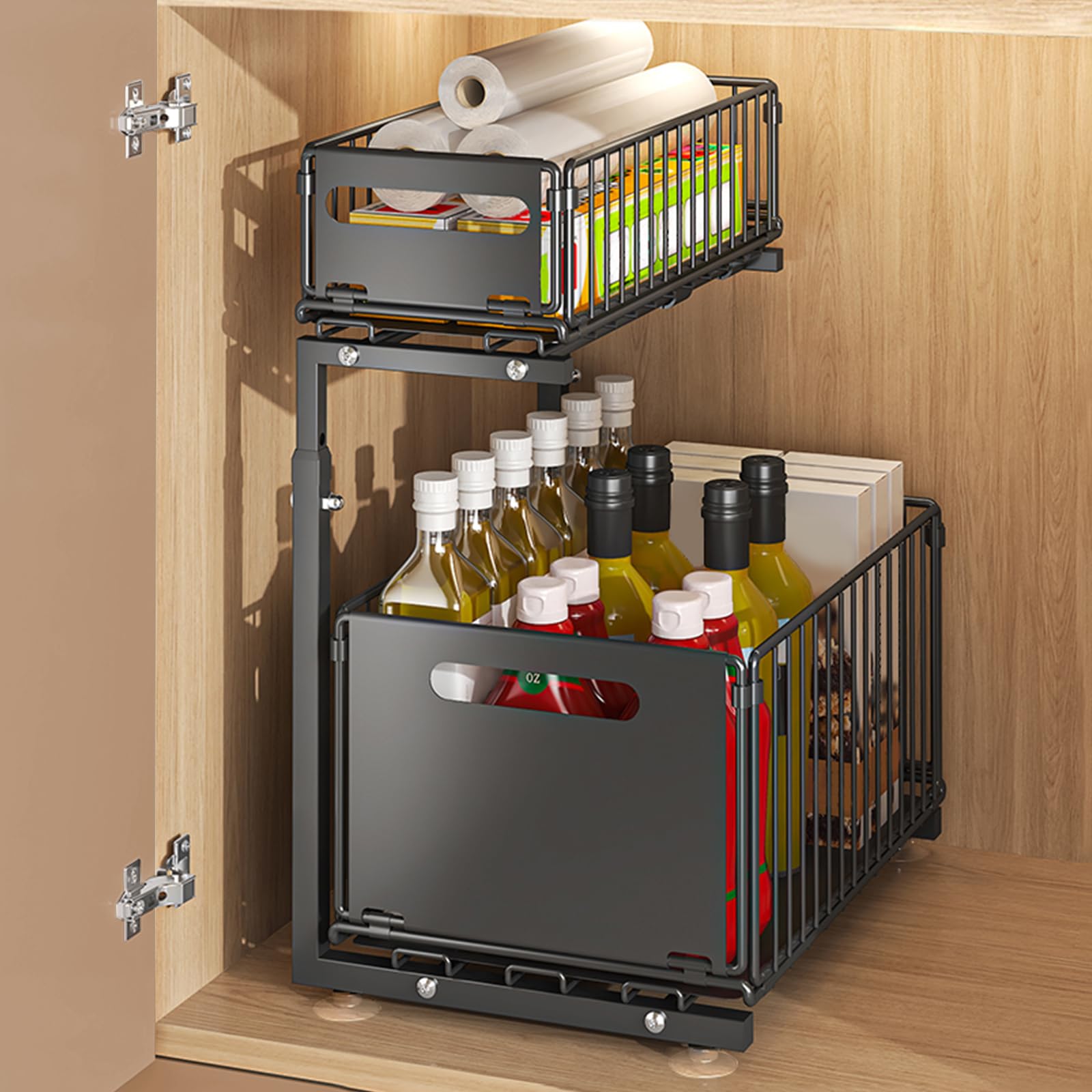 LANTUS Rangements sous Evier 2 Niveaux Organisateur Coulissant,Paniers Coulissants, Empilable,Étagères pour Placard Meuble Cuisine Salle Bain,26,5 x 38 x 48,5 cm (Noir)