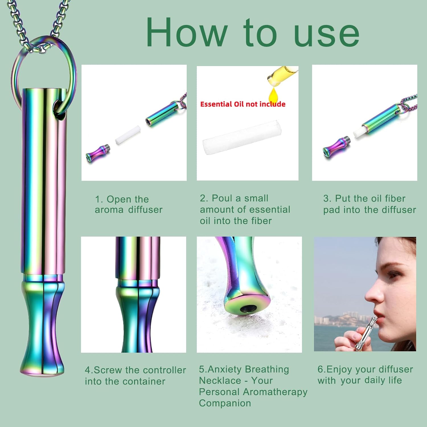 Breathing Necklace for Calm & Focus - Personal Essential Oil Diffuser for Anxiety Relief, Quit Smoking, Yoga and Meditation - Reusable Stainless Steel Pendant for Women Men - Image 6