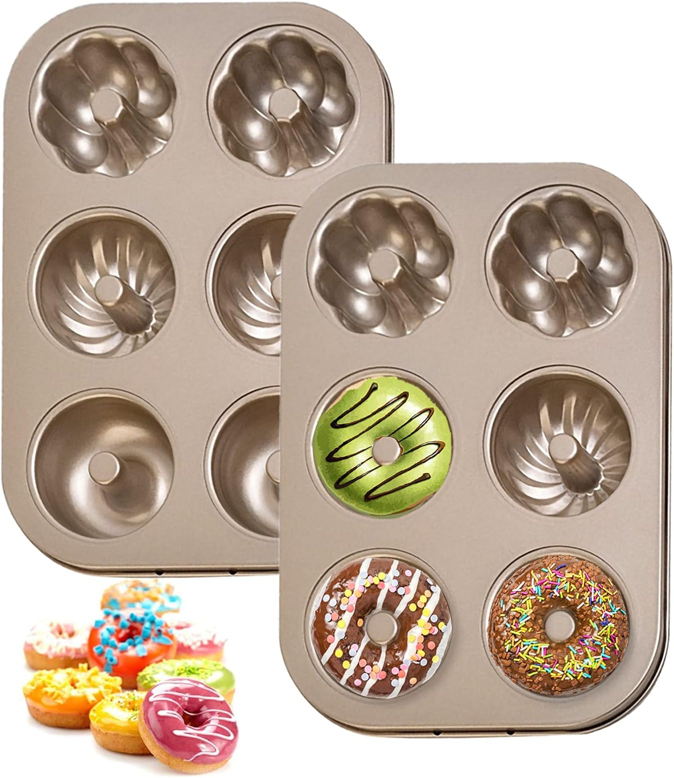 MANO Donut Pan for Baking Set of 2 Doughnuts Maker Mold Sheet Trays for Cookie, Muffin Bakeware Kit, 6 Cavity,pattern
