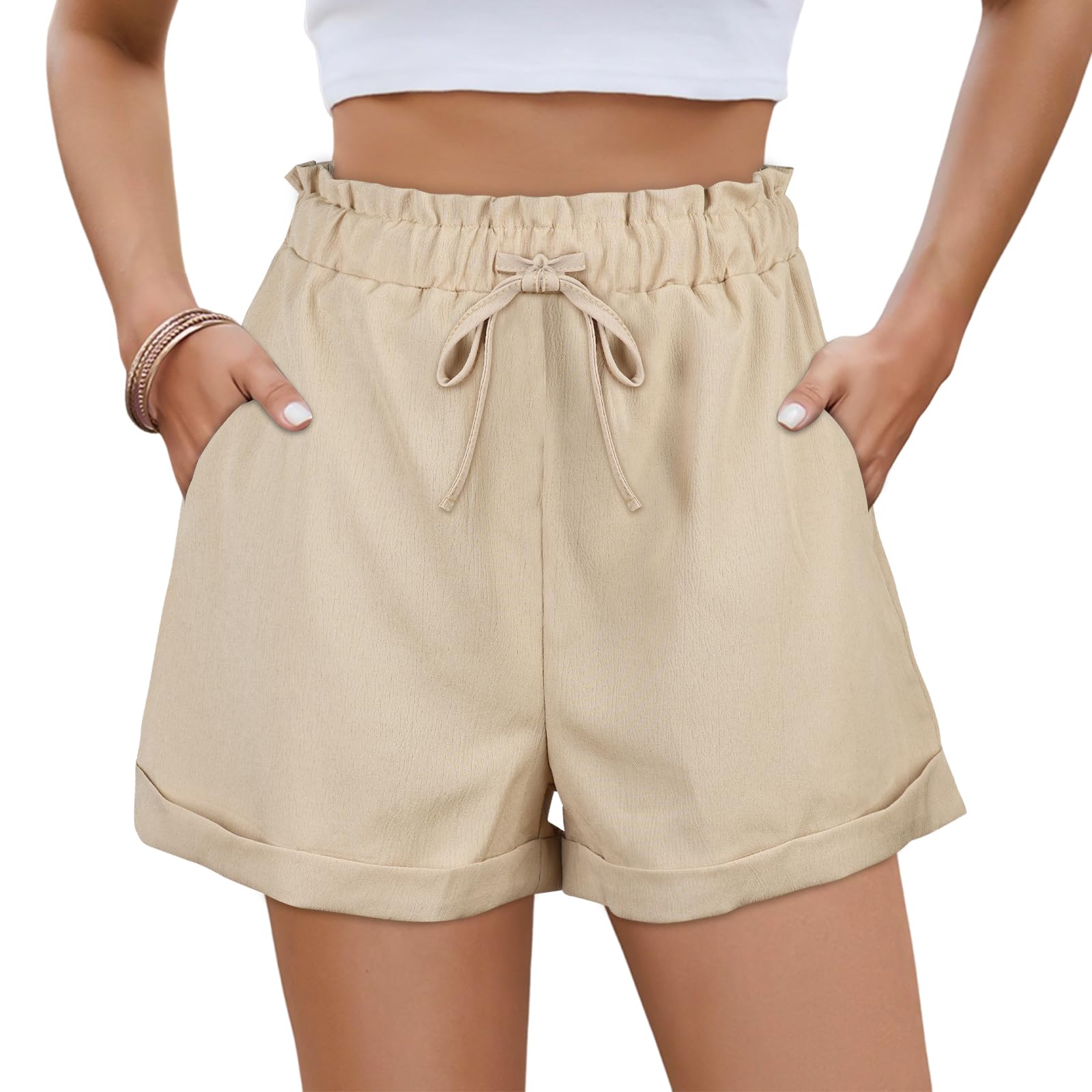 Pantalones Cortos Mujer Cintura Alta Cordón Bolsillos Verano Deporte Playa