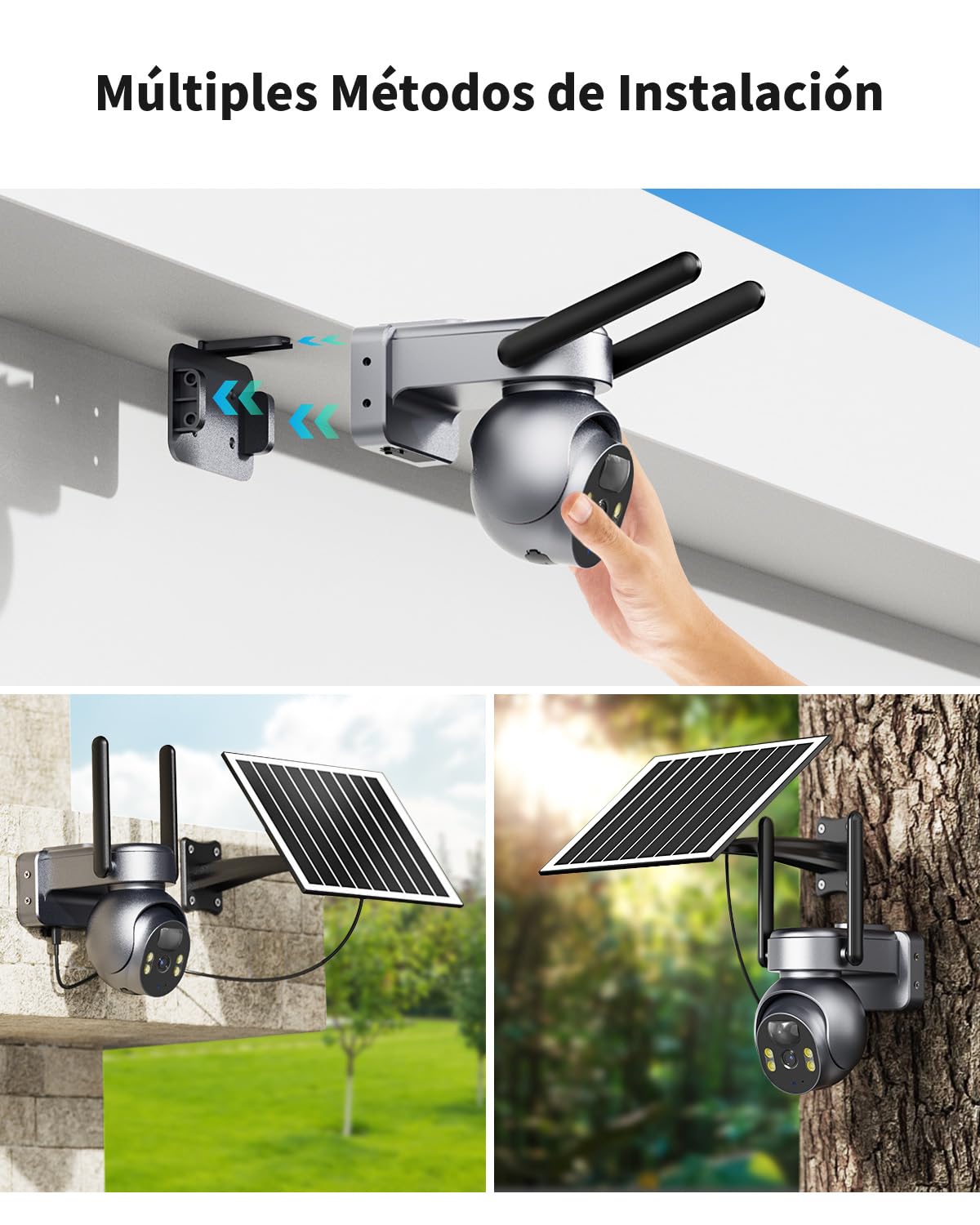4G LTE Celular Cámara Vigilancia Exterior con Panel Solar y Tarjeta SIM, 2K HD Cámara Visión 360° con Batería PTZ, Visión Nocturna Colorida y Detección PIR Humana, Impermeable IP66