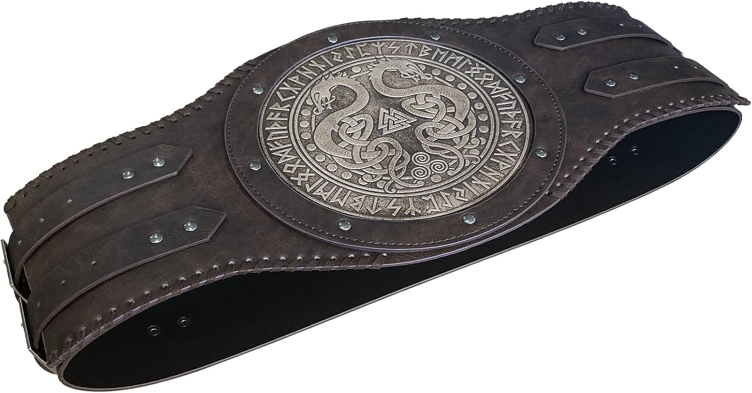 HiiFeuer Viking Embossed Double Dragon Waist Armor, Vintage Norse Faux Leather Wide Belt, Medieval Mercenary Corset Belt - Image 2