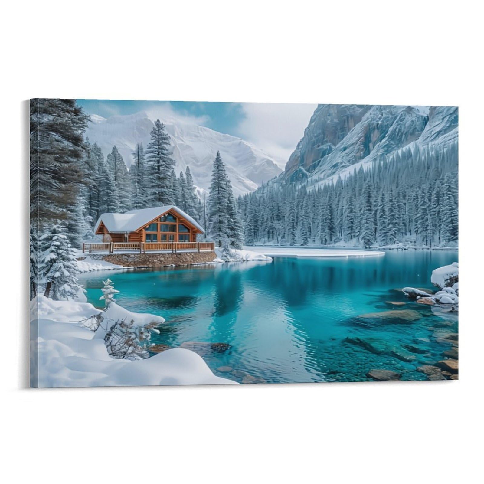CPLVKWRQJ Snowy Cabin Lake View Single Snow Cabin Turquoise Mountain Lake Pines Canvas Print - Living Room Gallery Wall Statement Piece Fade Resistant Ready to Hang 20x30inch(50x75cm)