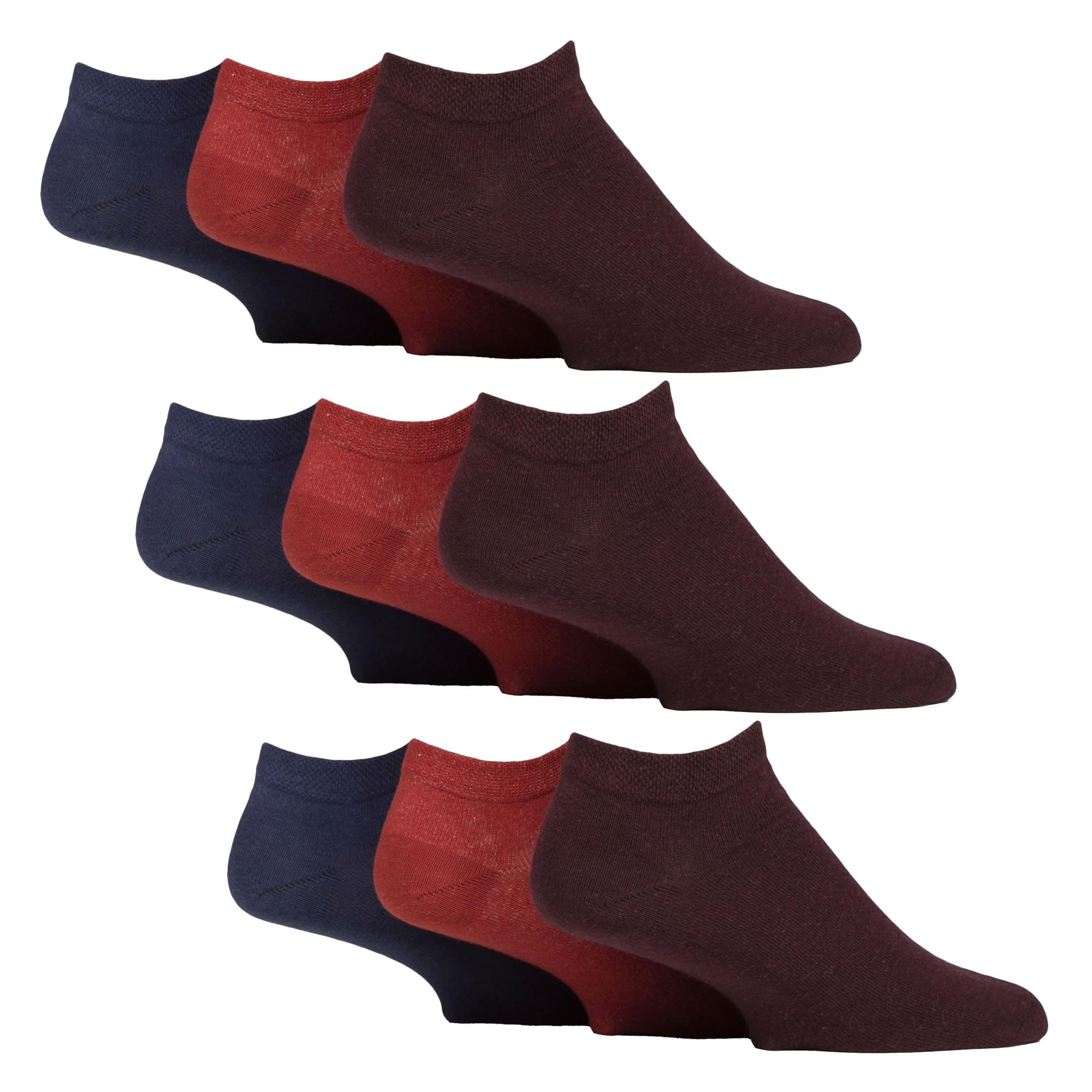 Gentle Grip 9 Pack Mens Diabetic Trainer Socks, Swollen Feet Wide Ankle Socks - Burgundy