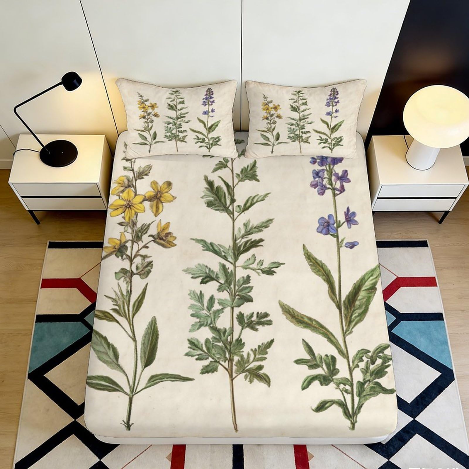 3D Printed Botanical Flower Fitted Sheet Microfiber Soft Breathable Herb Garden Bed Cover for Bedroom Guestroom Decor 90x200x25cm