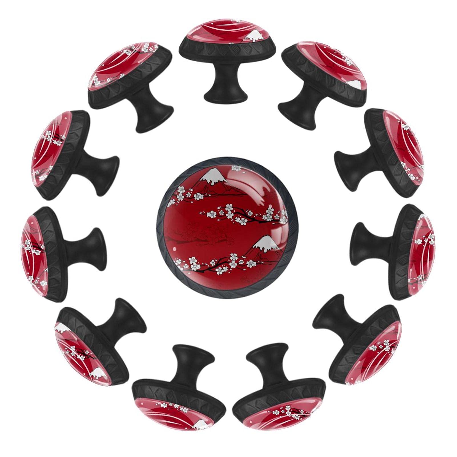 Boutons de tiroir ronds 35mm motif Fujisan Rouge pour commode de chambre (Lot de 12)