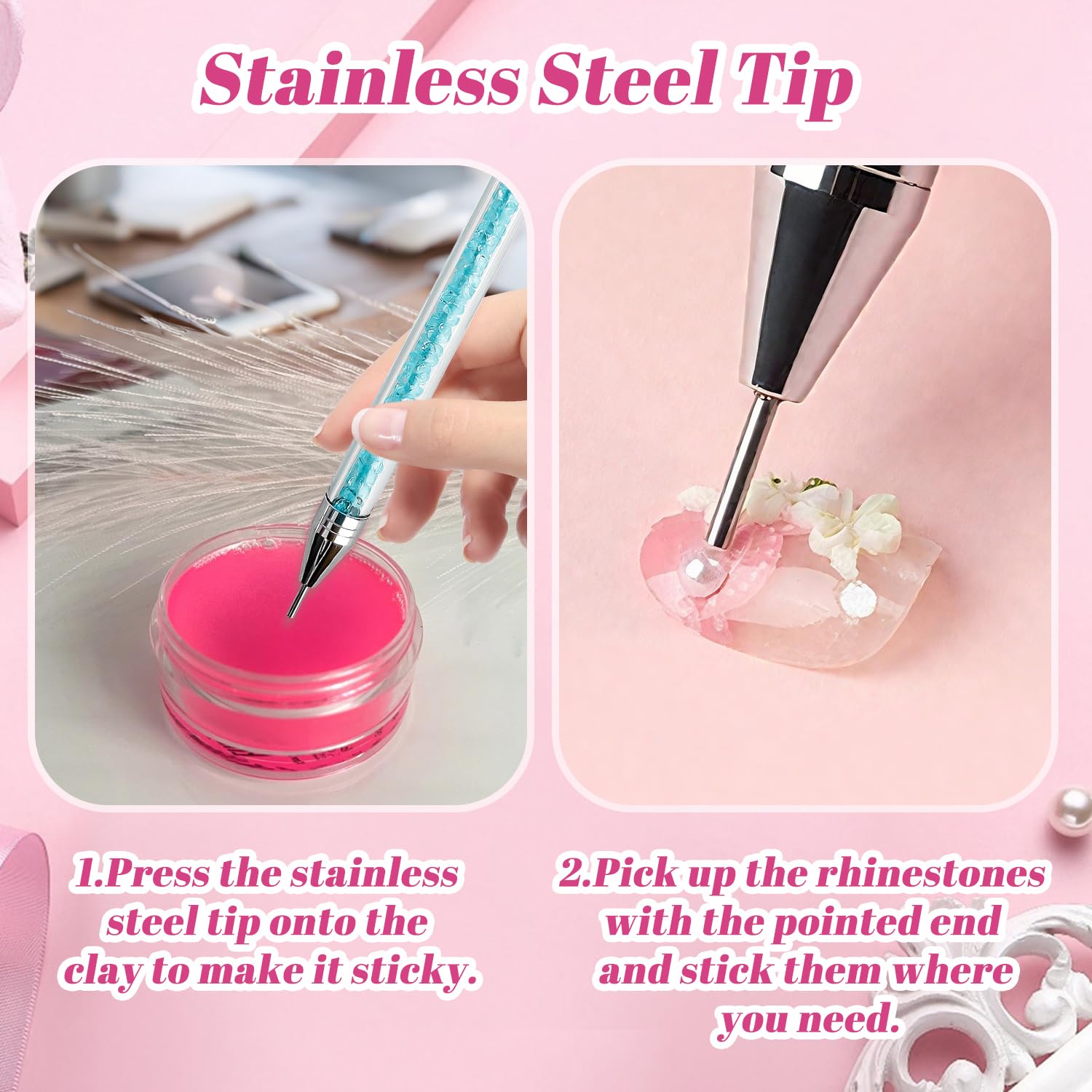 3 Pezzi Penna Strass, Applicatore Strass | Picker Strass Doppia Punta | Penna Cera per Nail Art DIY (Bianco, Nero, Blu)