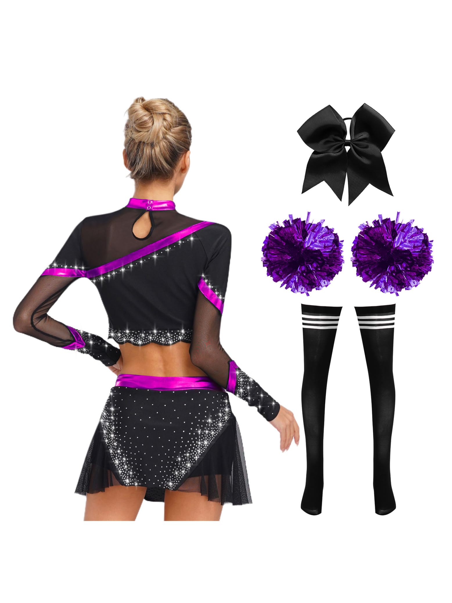 Cheer Leader Kostüm Damen Langarm Crop Top Minirock Mit Pompoms/harrband/SockenKarneval Halloween Cheerleading Outfit Lila XXL