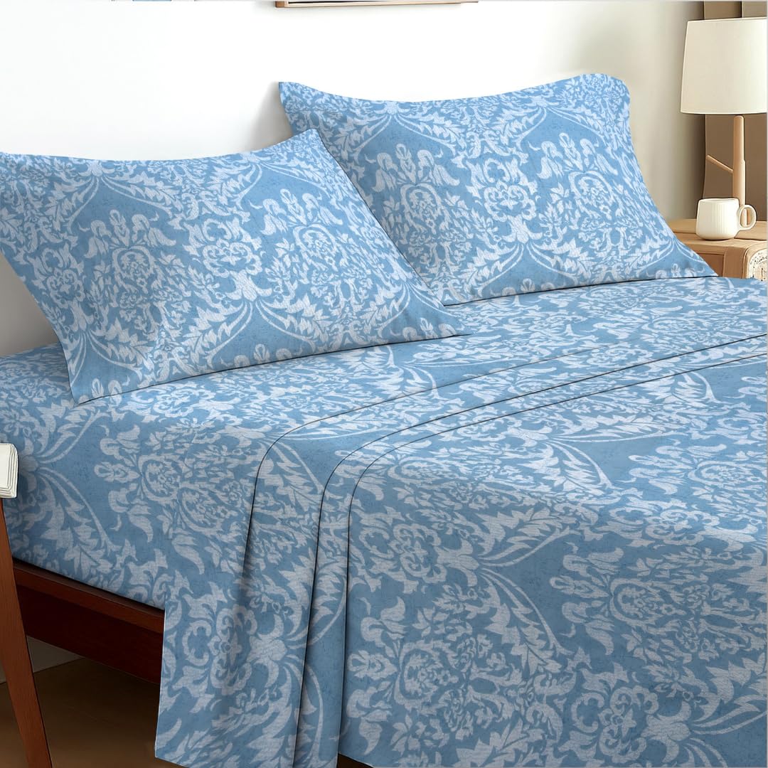 EverSoft Bedding King Size 4-Piece Luxury Sheet Set Elegant Flower Design 35cm Deep Skirt Fitted Sheet, Oversized Flat Sheet & 2 Pillowcases Floral Print Signature Soft Finish Ocean Mist
