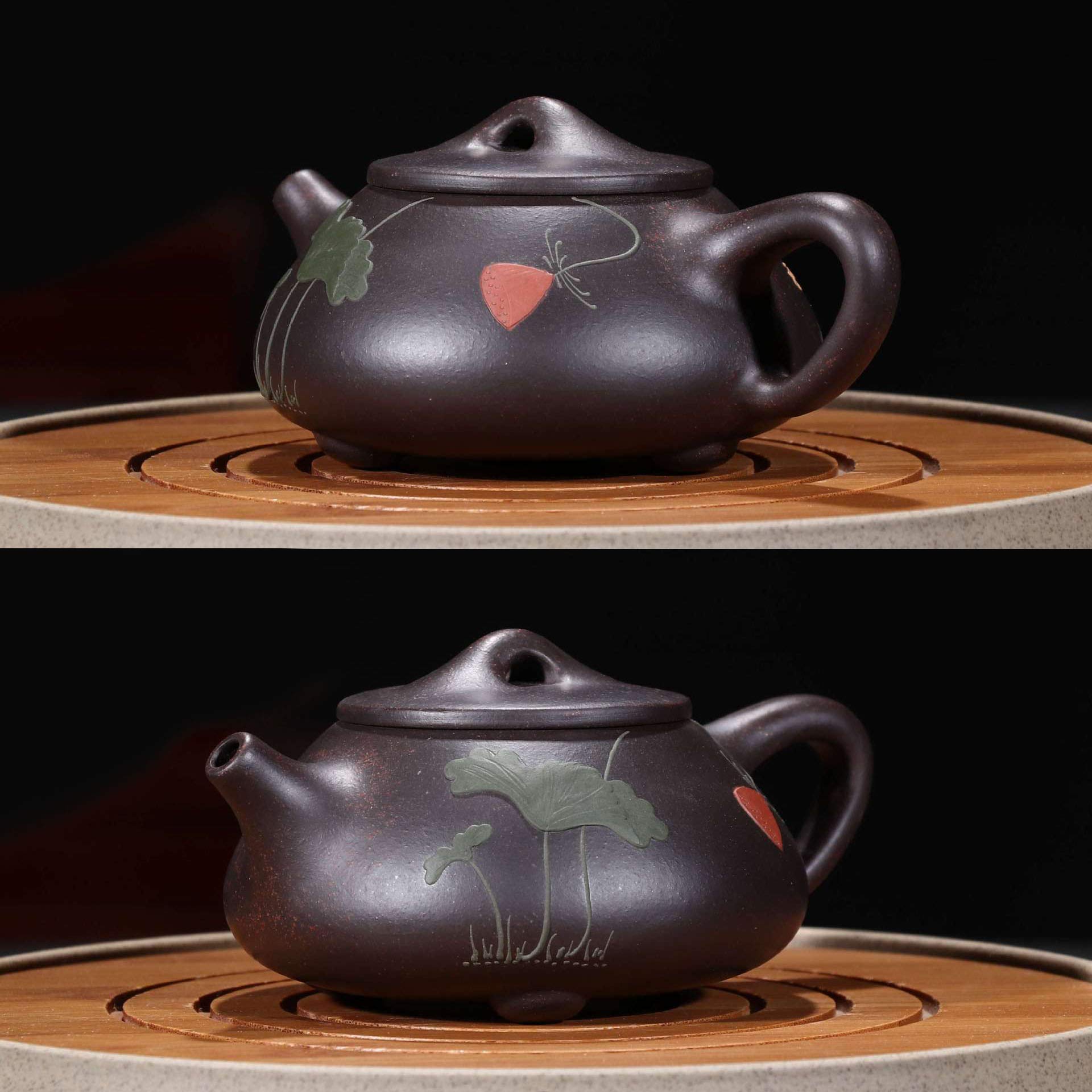 Teekanne, 227 ml, chinesischer Yixing, echter schwarzer Tonerde, Zisha Shipiao 8oz 240ml color flower