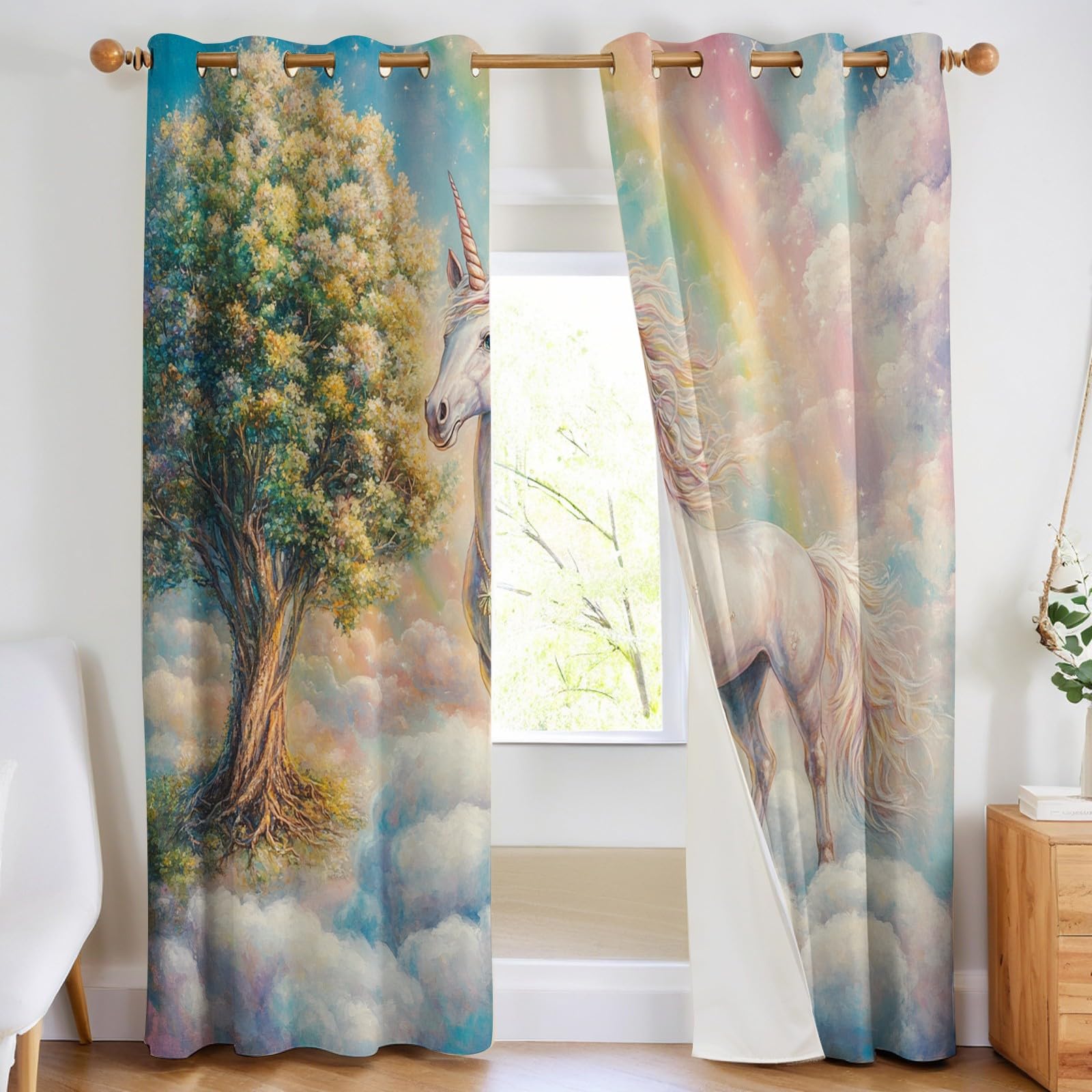 Chambre Rideaux Occultants Licorne Isolation Thermique,Impression Blanc À Œillets pour Fenêtre,Chambre et Salon,2 Panneaux,117L X 183H cm