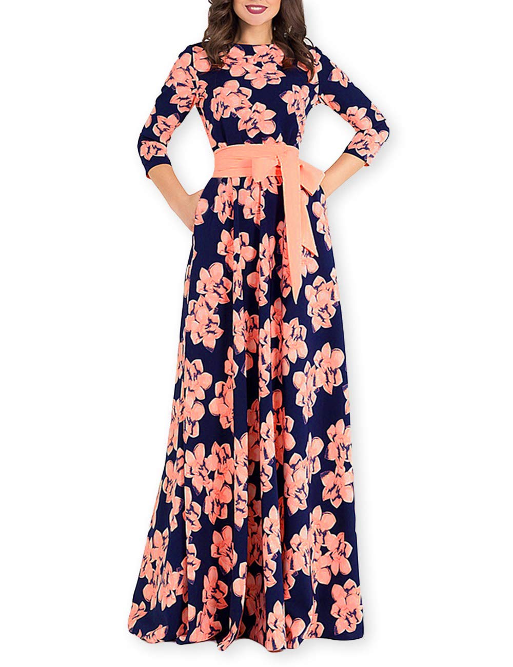 AOOKSMERY Women's Elegant Floral Print 3/4 Sleeve Pockets Pleated Dress Casual Swing Maxi Dresses with Belt