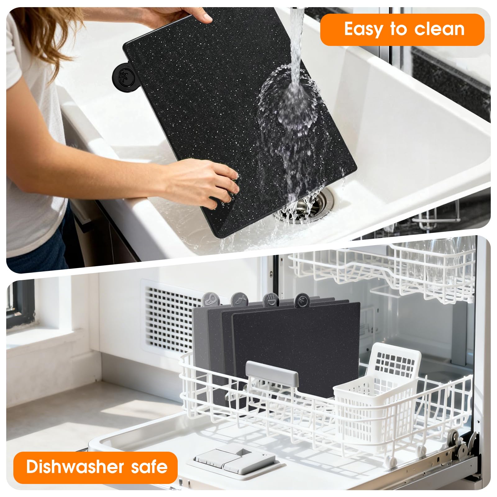 Masthome Chopping Board Set, Dishwasher Safe Plastic Cutting Board with Stand & Food Icons, 4pcs Non Slip Index Chopping Board for Kitchens Meat Vegetables and Bread, BPA-Free, 31.5x21.5 cm, Black