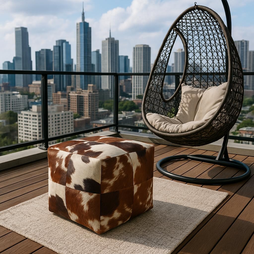 Unstuffed Premium Hair-on Leather Ottoman Pouf Cover, Boho Handmade Genuine Cowhide Square Footstool, Modern Cube Ottoman Footrest for Home Decor Living Room, Bedroom - 18X18 Inch, Tan & White