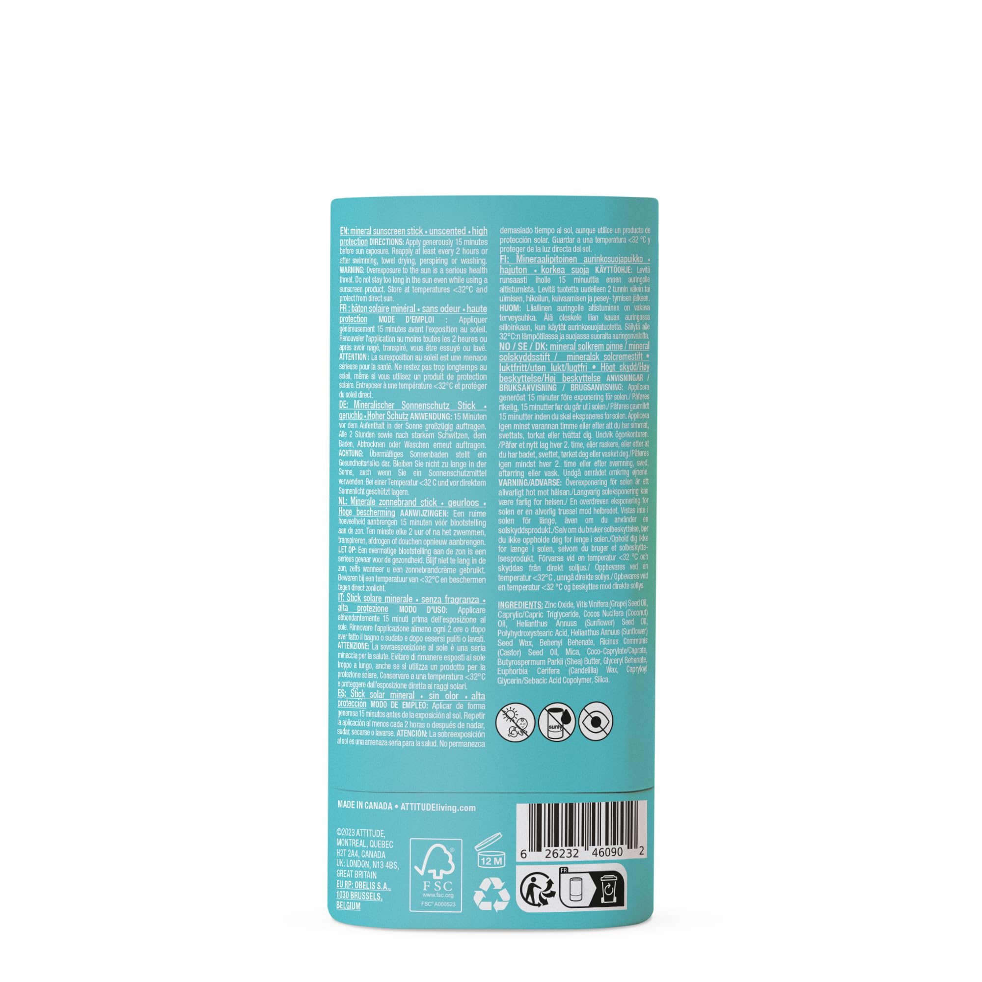 ATTITUDE Crème Solaire Minérale Solide, pour Corps et Visage, SPF 30, EWG Verified, Protection Large Spectre UVA/UVB avec Oxyde de Zinc, Testé Dermatologiquement, Végan, Sans Parfum, 60 g