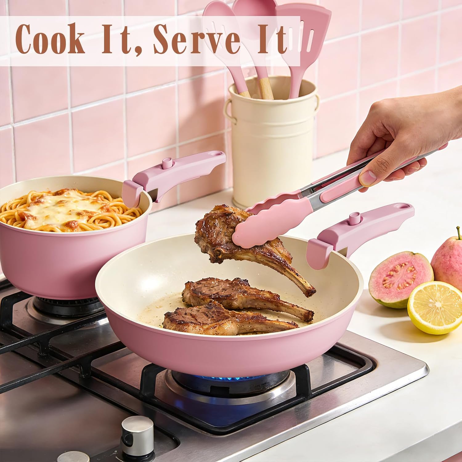 Umite Chef Pots and Pans Set Non Stick, 21 pcs Nonstick Ceramic Cookware Set, RV Kitchen Cooking Set with Detachable Handles, Oven Safe, Induction Cookware, Stackable, Pink, PFAS PFOA & PTFE Free